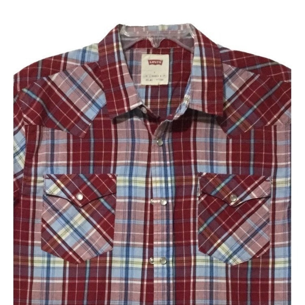 Levi Strauss Shirt Mens Pearl Snap L Red Blue Plaid Western Cowboy Short Sleeve
